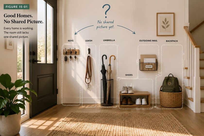 A book figure: an entryway with dashed outlines drawn around the keys, leash, umbrella, mail, shoe and backpack zones, and a question mark where the household's shared picture should be.