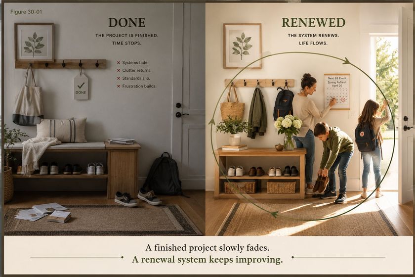Figure 30-01 from the book, a pair of entryway scenes side by side. Left, labeled Done, the project is finished and the room is starting to slip. Right, labeled Renewed, a family is resetting the same space and it holds.